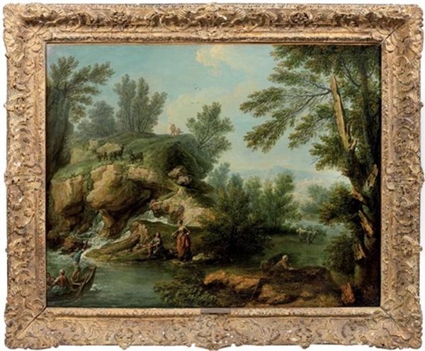 Paysage A La Cascade Avec Pecheurs Et Paysans Oil Painting by Joseph Francois Ignace Parrocel