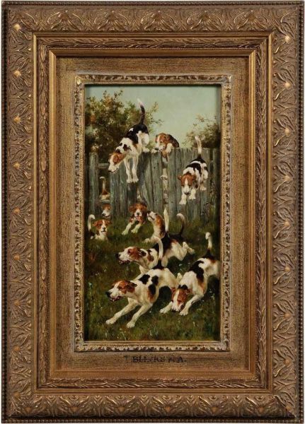 Hounds Clearing A Fence Oil Painting by Thomas Blinks