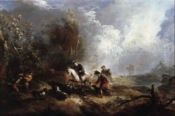 A Boar Hunt In A Wooded Landscape Oil Painting by Joseph Francois Ignace Parrocel