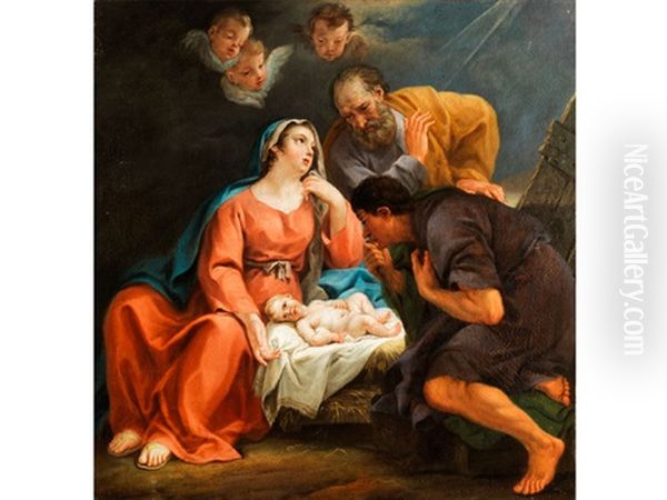 Anbetung Des Kindes In Bethlehem Mit Maria, Joseph Und Einem Hirten, Der Vor Dem Kinde Kniet, Daruber Geflugelte Engelskopfe In Nachtlichem Wolkendunkel Oil Painting by Pierre Parrocel