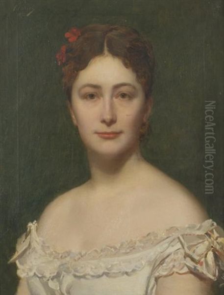 Portrait En Buste De Femme En Robe Blanche, Les Epaules Decouvertes, Deux Fleurs Rouges Dans Sa Chevelure Chatain Oil Painting by Philippe Parrot