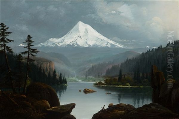 Indians In A Canoe, Mt. Hood Oil Painting by William Samuel Parrott