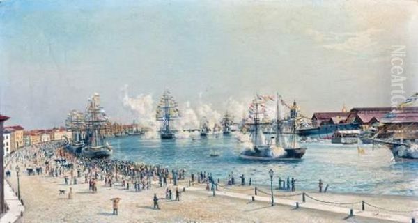 Mise A L'eau D'un Navire De La Flotte Imperiale Oil Painting by Leonid Blinov