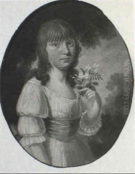 Portrait Of A Young Girl Three Quarter Length, Wearing A    White Dress And Pink Sash, Holding A Posy Of Flowers In Her Oil Painting by Joseph Parry