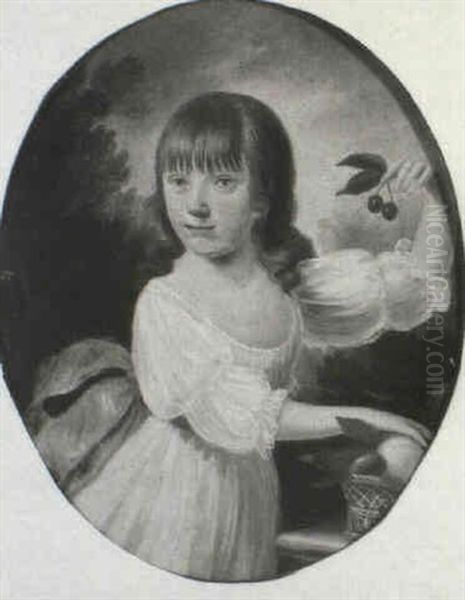 Portrait Of A Young Girl, Half Length Wearing A White Dress And Pink Sash, Holding A Sprig Of Cherries In Her Left by Joseph Parry