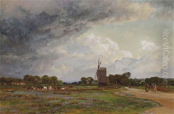 Cattle Grazing Before A Windmill Oil Painting by Alfred William Parsons