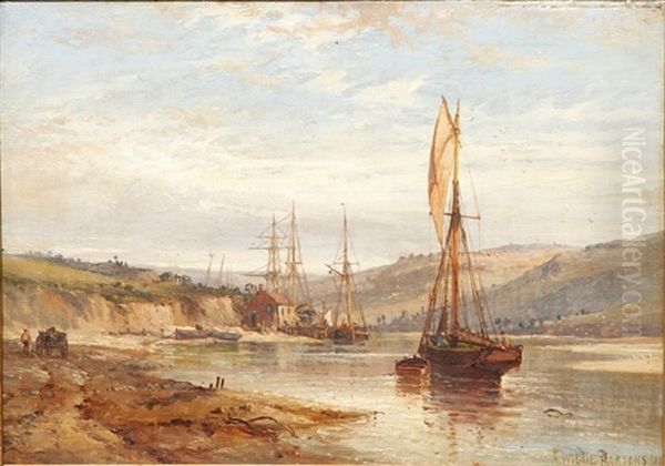 Engelsk Kystparti Med Sejlskibe Og Optrukne Joller, Pa Stranden Mand Med Kaerre, I Baggrunden Mole Og Hus Oil Painting by Alfred William Parsons