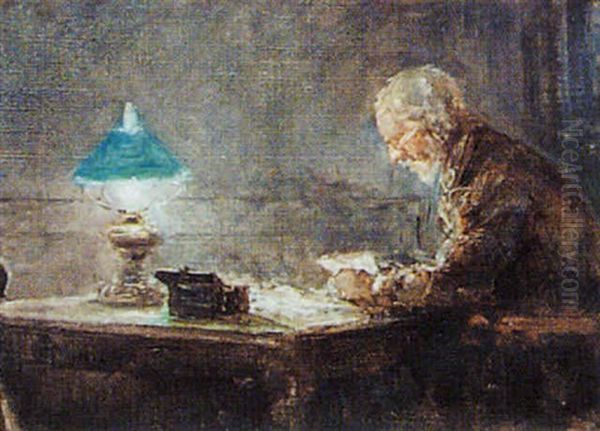 Reading By Lamplight Oil Painting by Alfred William Parsons