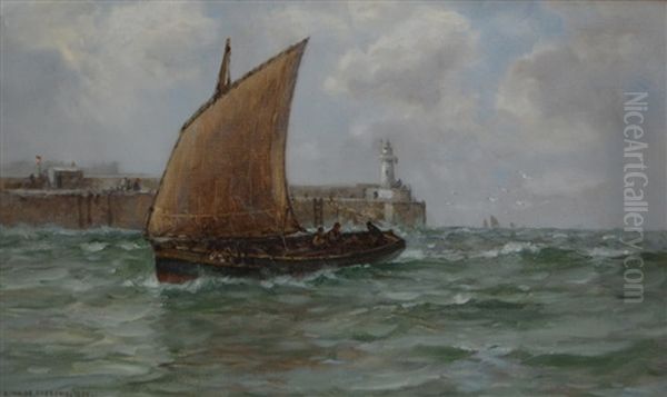 Scene Of A Sailing Boat With Lighthouse To The Background Oil Painting by Arthur Wilde Parsons