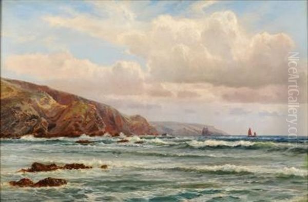 An Extensive Coastal Landscape - A Sailing Schooner Heading Out To Sea, A Fishing Lugger In The Foreground Oil Painting by Arthur Wilde Parsons