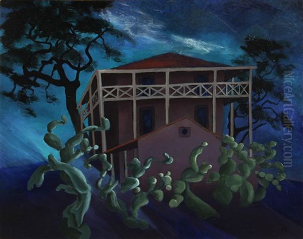 House With Cactus Oil Painting by Marion Parsons