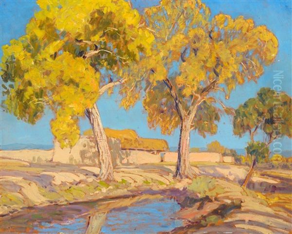 Adobes Under The Cottonwoods Oil Painting by Sheldon Parsons