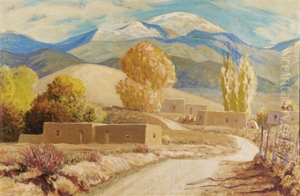 Adobe Village Scene With Mountains Oil Painting by Sheldon Parsons