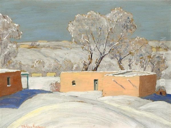 Adobes In Snow Oil Painting by Sheldon Parsons