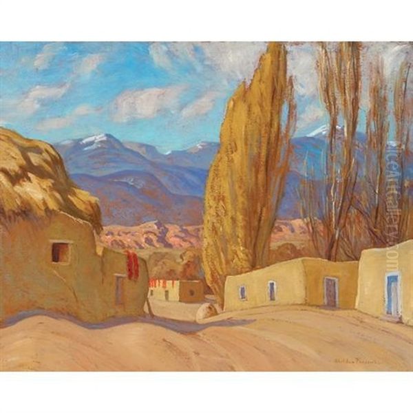 Red Chiles, New Mexico Adobes Oil Painting by Sheldon Parsons