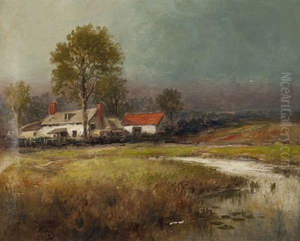 House In A Landscape With Pond Oil Painting by Arthur Parton