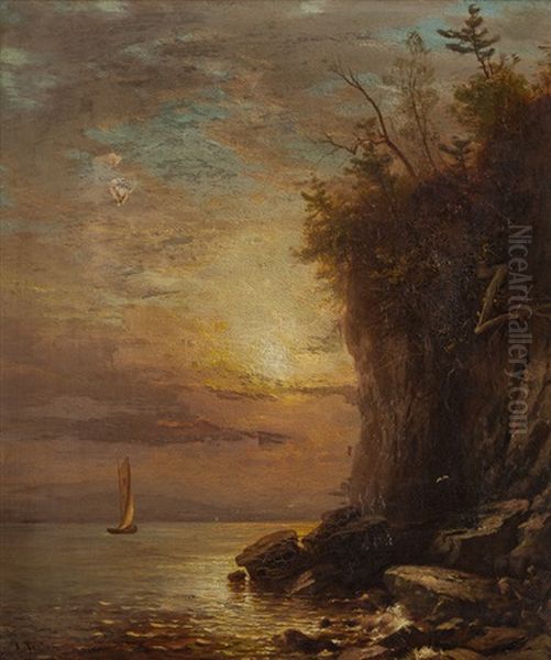 Atmospheric Coastal With Sailboat Oil Painting by Arthur Parton