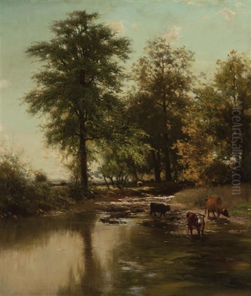 Cows Grazing By The River Oil Painting by Arthur Parton