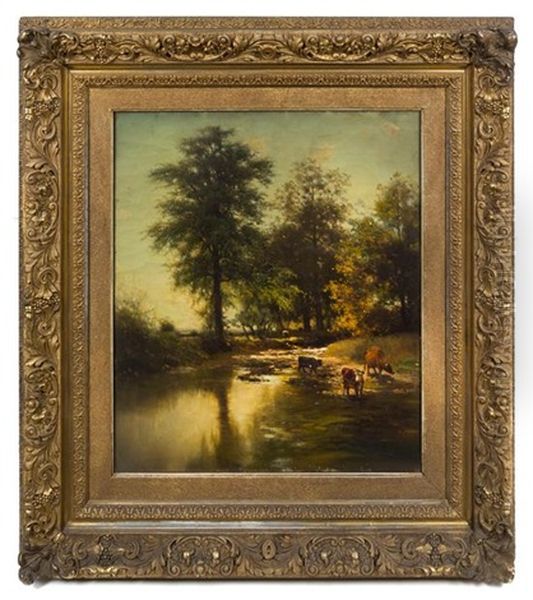 Landscape With Cows In Stream Oil Painting by Arthur Parton