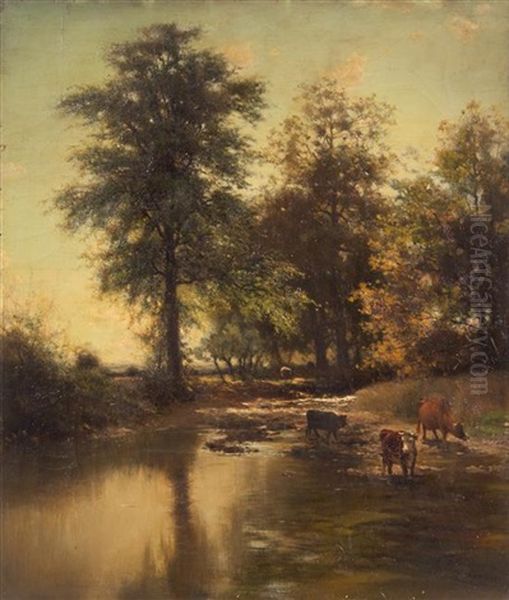 Landscape With Cows In Stream Oil Painting by Arthur Parton