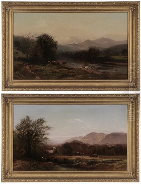 A Pair Of Berkshire Haying Scenes: Hay Harvesters In A Valley Oil Painting by Arthur Parton