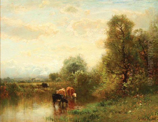 Cattle Watering In An Expansive Landscape Oil Painting by Arthur Parton