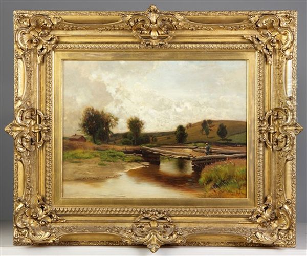 Boy Fishing On Bridge Oil Painting by Arthur Parton