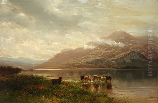 Cows Watering Beside A Cloud Covered Mountain Oil Painting by Arthur Parton