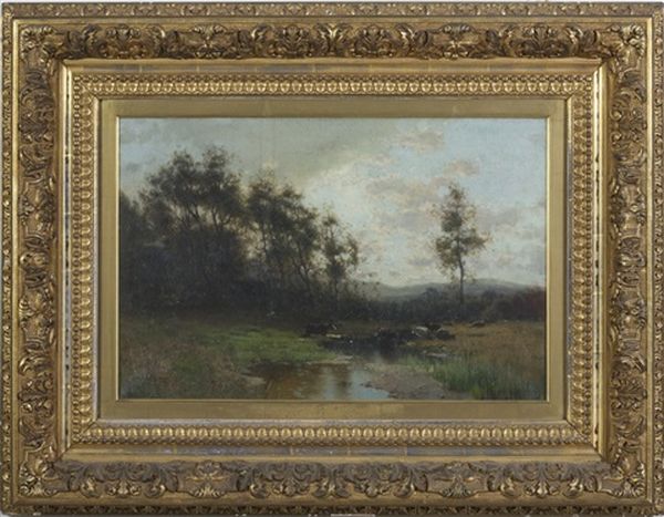 Landscape With Cattle Watering In A Stream Oil Painting by Arthur Parton