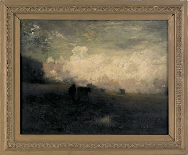 Untitled (a Bucolic Landscape With Cows) Oil Painting by Arthur Parton