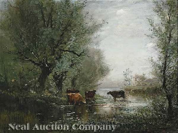 Cattle At A Woodland Pond Oil Painting by Arthur Parton