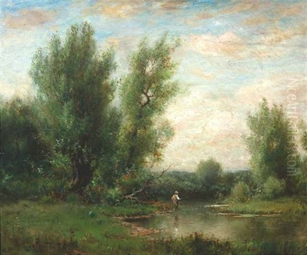 Sommerliche Flusslandschaft Mit Angler Oil Painting by Arthur Parton