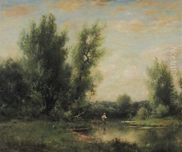 Fischer An Einem Baumbestandenen Bachlauf Oil Painting by Arthur Parton