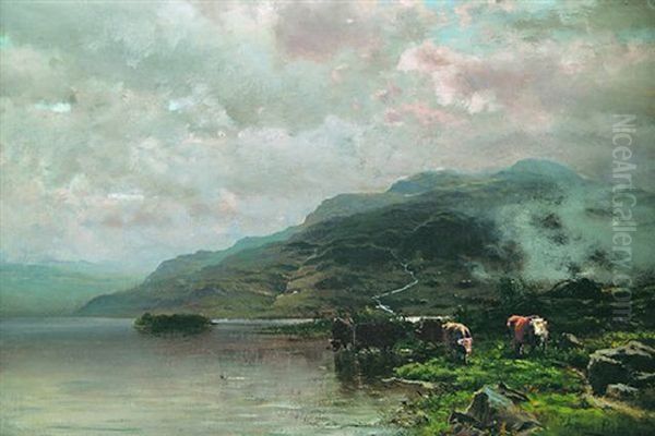 Cattle Watering Along The Mountainside Oil Painting by Arthur Parton