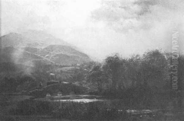 Landscape With A Man Guiding Cows Over A Bridge Oil Painting by Arthur Parton