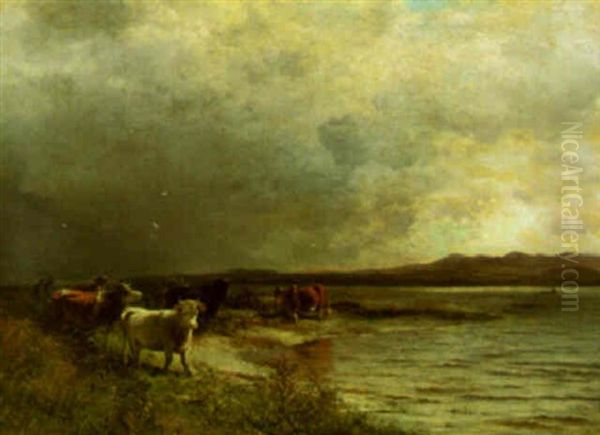 Herding Cattle By The Lake Oil Painting by Arthur Parton