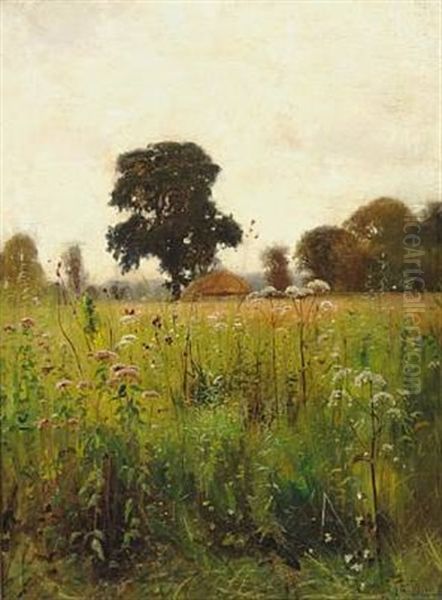 View Of A Meadow, In The Background A Cottage And Tall Trees Oil Painting by Ernest Parton