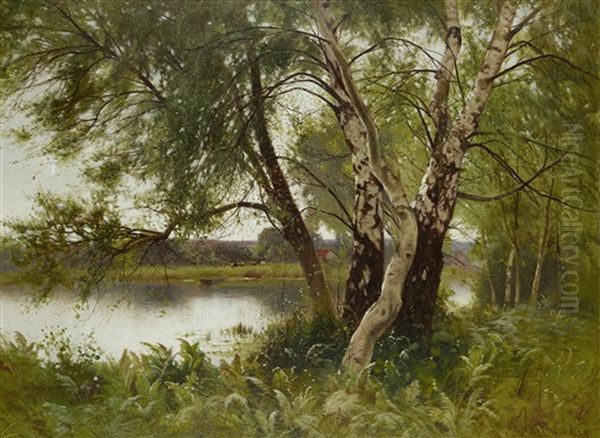 A Tranquil River Landscape Oil Painting by Ernest Parton