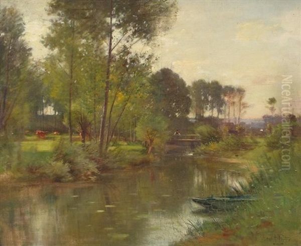 Landscape With Cattle And Man Fishing Off A Bridge Oil Painting by Ernest Parton