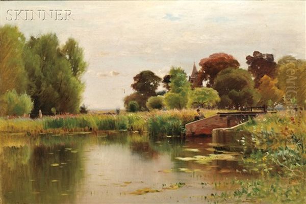 Figure By A River Dam Oil Painting by Ernest Parton