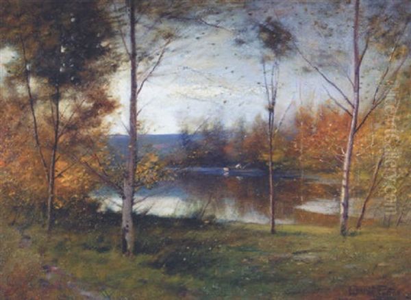 River Landscape With Silver Birch On The Bank, A Man Rowing Beyond Oil Painting by Ernest Parton