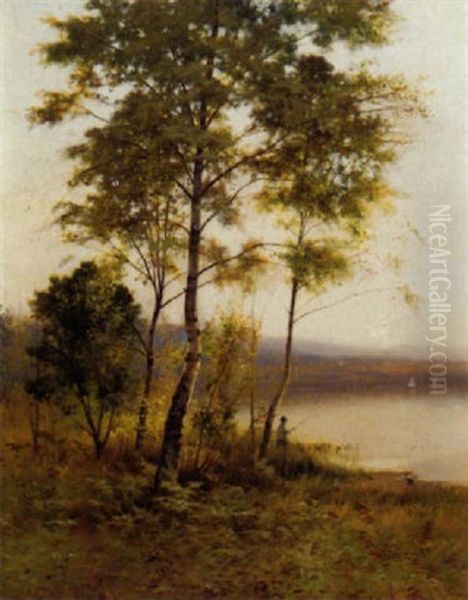 An Angler In A Wooded Lake Landscape Oil Painting by Ernest Parton