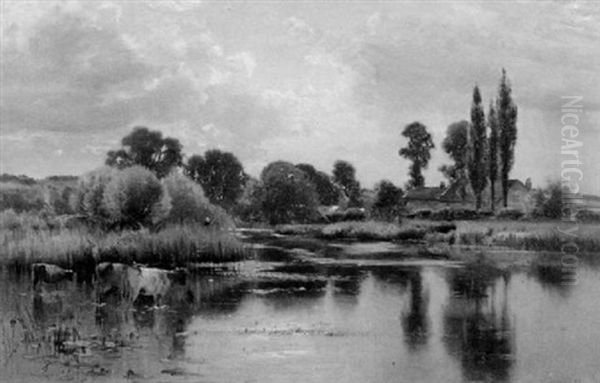 River View With Wading Cattle Oil Painting by Ernest Parton