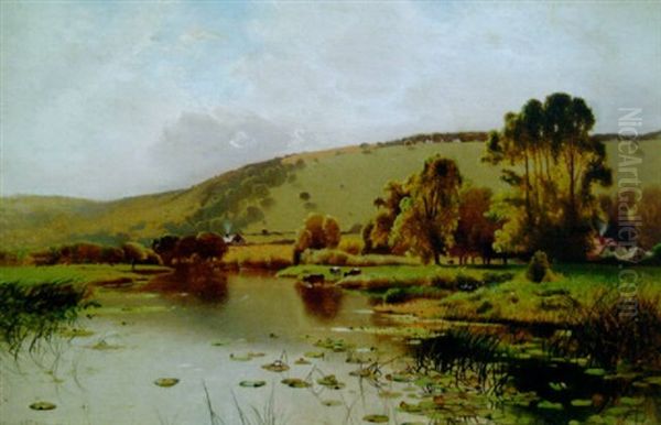 Cattle Watering In A Lily Pond Oil Painting by Ernest Parton