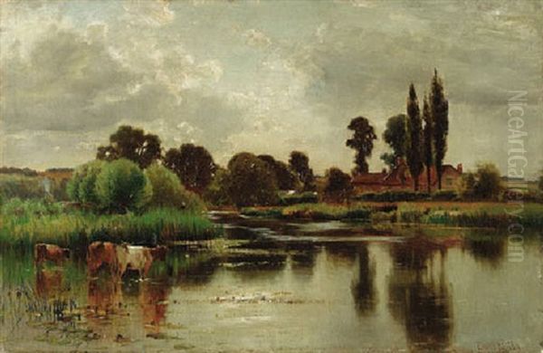 Landscape With Fisherman And Cattle Watering Oil Painting by Ernest Parton