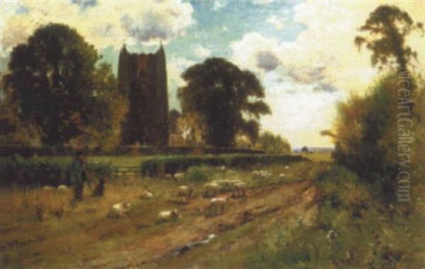 Shepherd And Flock On A Country Lane Oil Painting by Ernest Parton