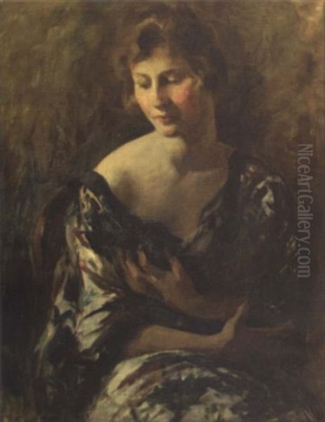 Portrait Of A Woman In Kimono Dress Oil Painting by Henry Woodbridge Parton