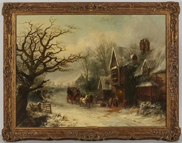 The London To Birmingham Coach Outside The Cross Keys Inn Oil Painting by Edward Partridge