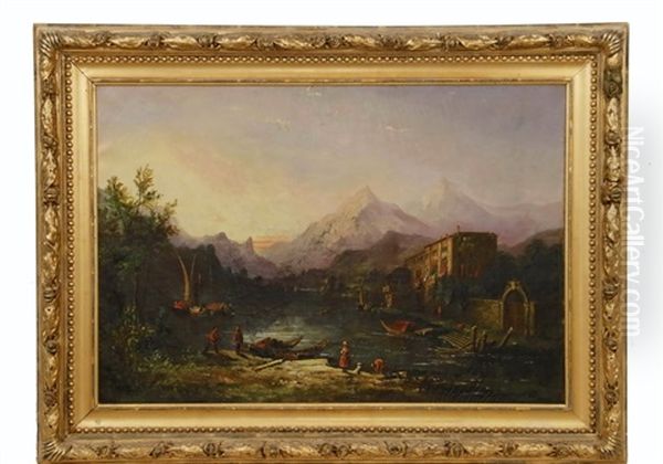 Italian Alpine Lake Villa With Boats And Figures Oil Painting by Edward Partridge