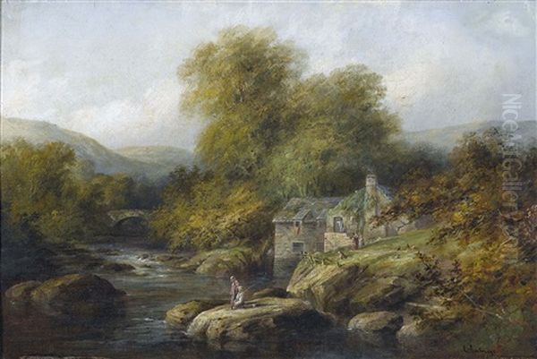 Idyllische Flusslandschaft Mit Bauernhaus Und Staffage Oil Painting by Edward Partridge